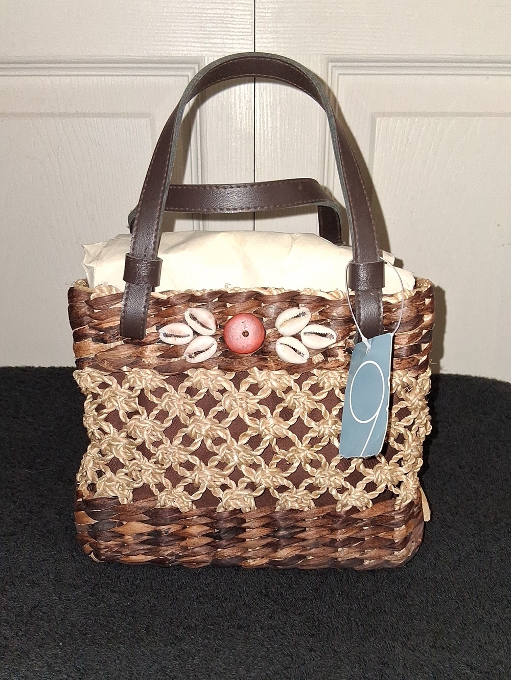 Vintage 90s Nine West Woven Straw Handbag - Shell Accent - Brown